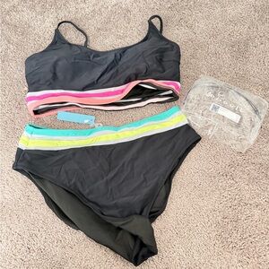 2 piece Black high waisted Bikini with Colorful Stripes